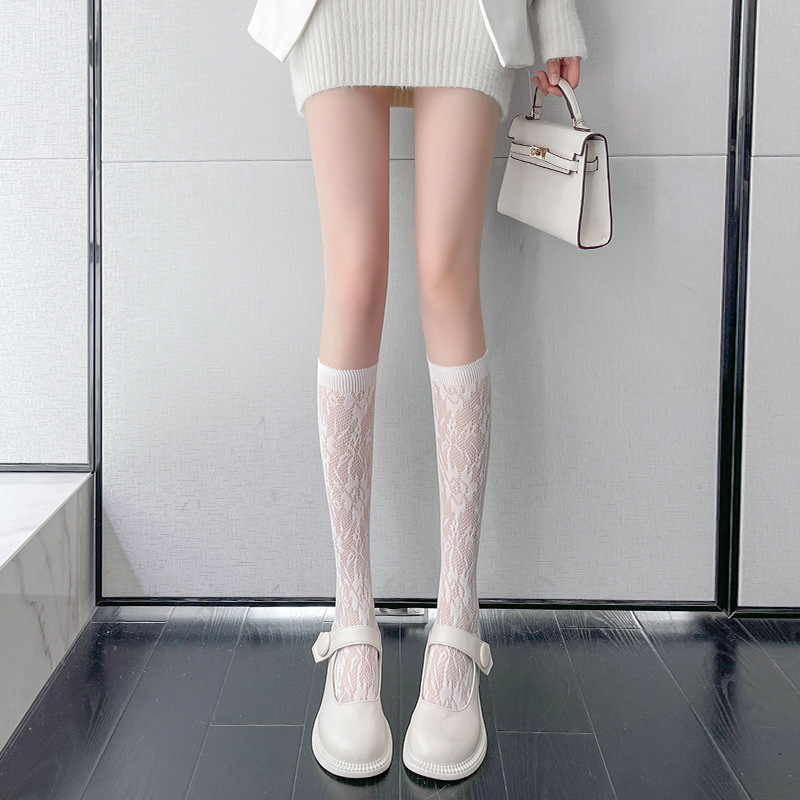 Lace Flower Print Long Socks Lingerie Sexy Mesh Fishnet High Knee Sock Women Summer Thin Transparent Lolita Kawaii Calf Socks: Gold