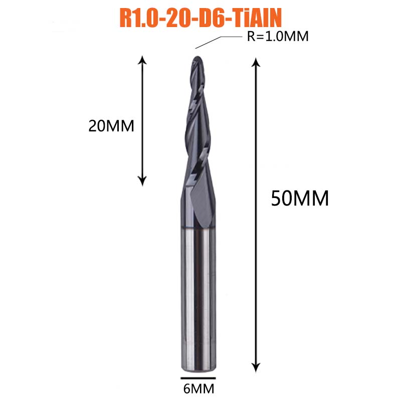 1 Pcs Tungsten Vhm Gecoate Taper Ball Nose Cnc Frezen Frezen Voor Hout En Snijders Voor Metalen end Mill: R1.0-20-D6
