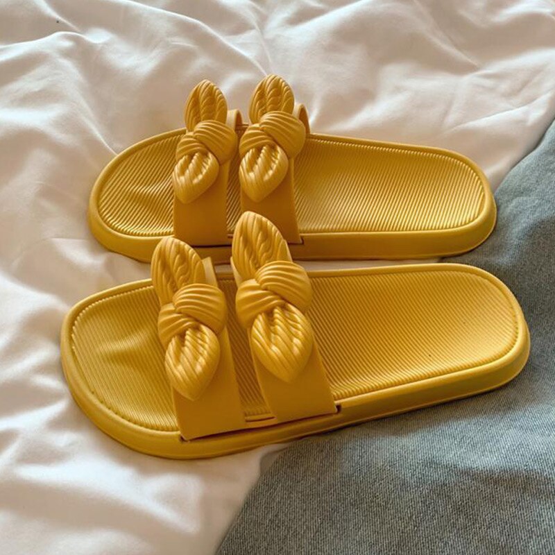 Zomer Vrouwen Slippers Flats Strik Dames Outdoor Strand Slides Slip Op Vrouw Schoenen Dikke Bodem Vrouwelijke Schoenen Mode: YELLOW / 9.5