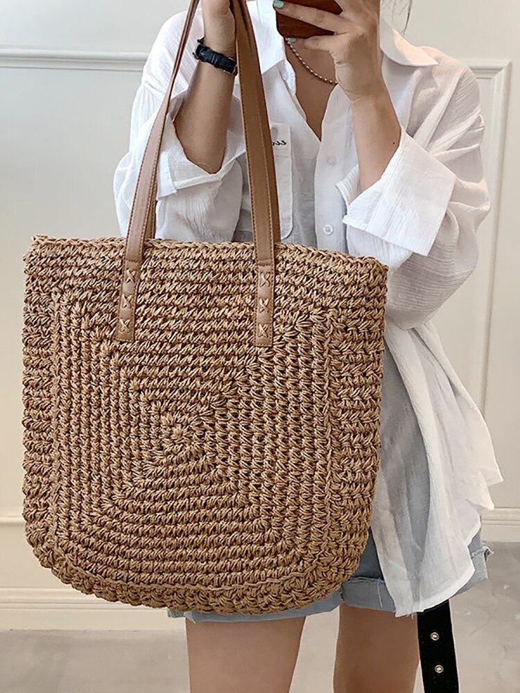 Borsa da donna intrecciata estiva borsa da donna in paglia di grande capacità Shopper Beach borse fatte a mano di Design per donna borsa a tracolla femminile di moda: Brown