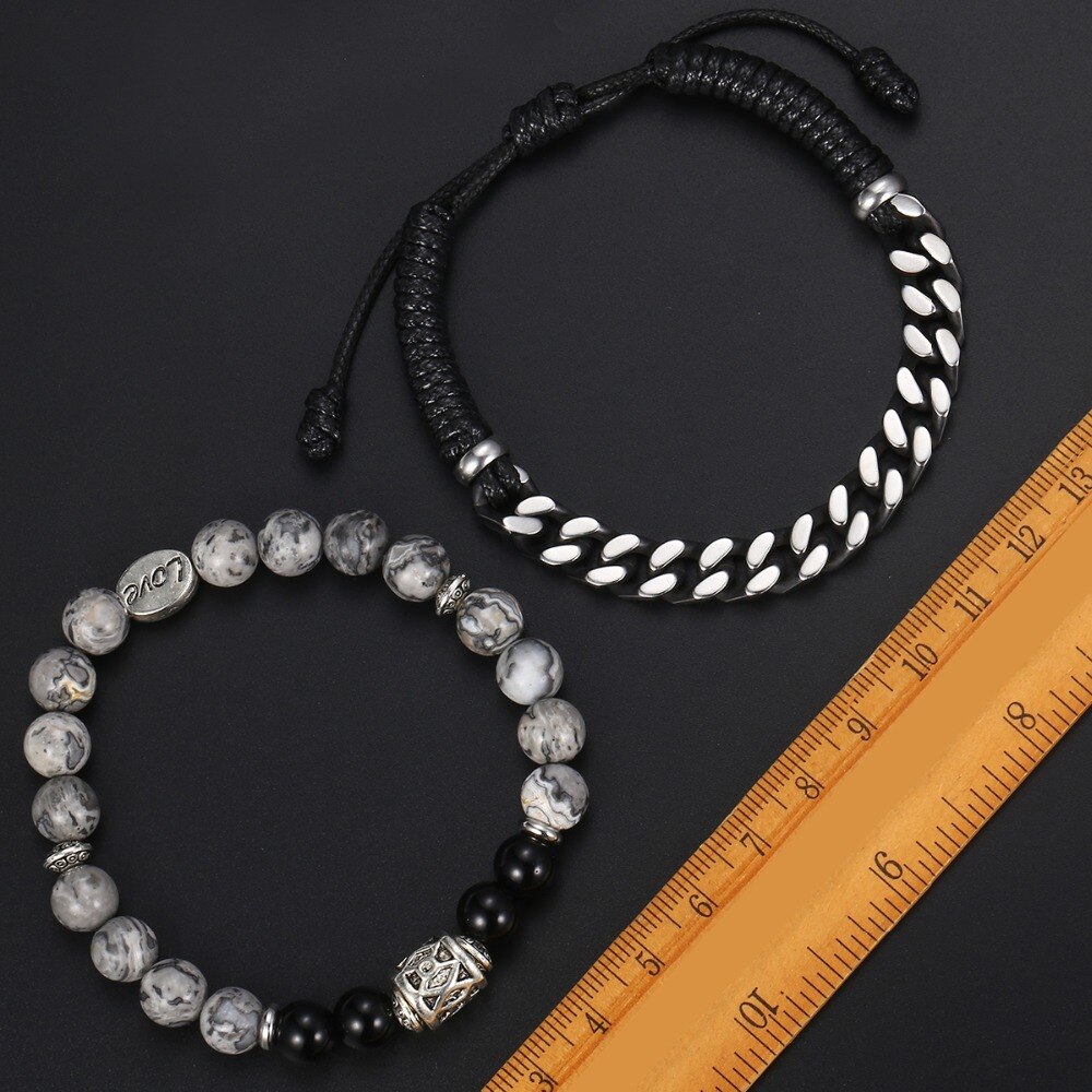 Unique Map Stone Men's Beaded Bracelet Stainless Steel Cuban Link Chain Bracelets Male Jewelry for Men DLBF11