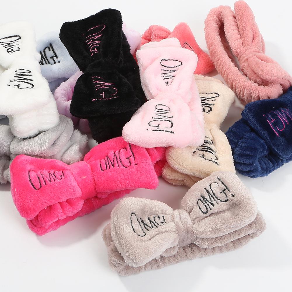 Soft OMG Letters Coral Fleece Wash Face Mix Color Bow Hair bands Clips For Women Girls Headbands Hair Styling Tool