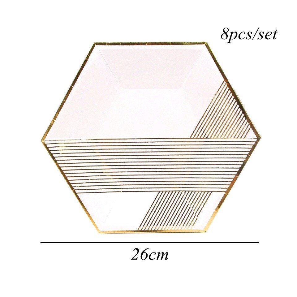 1 set vitguld marmor pappersmugg/tallrikar/servett rand engångsservis dukat bordsdekoration för bröllopsfesttillbehör: 8 st vitguld tallrik