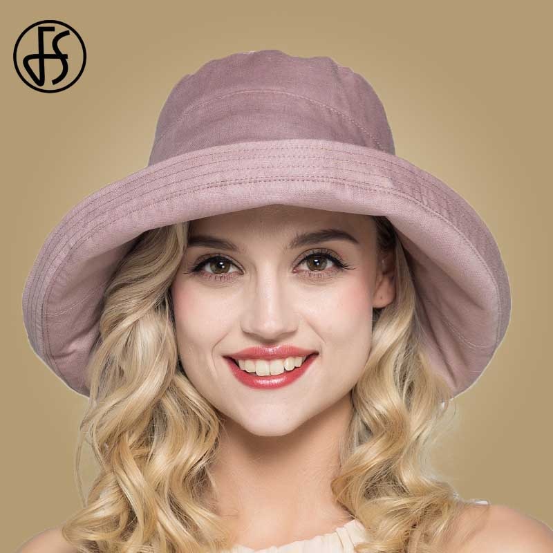 FS Summer Womens Cotton Wide Brim Sun Hats Foldable Casual Viseira Feminina Sun Visor Caps Bucket Hat Chapeu Feminino