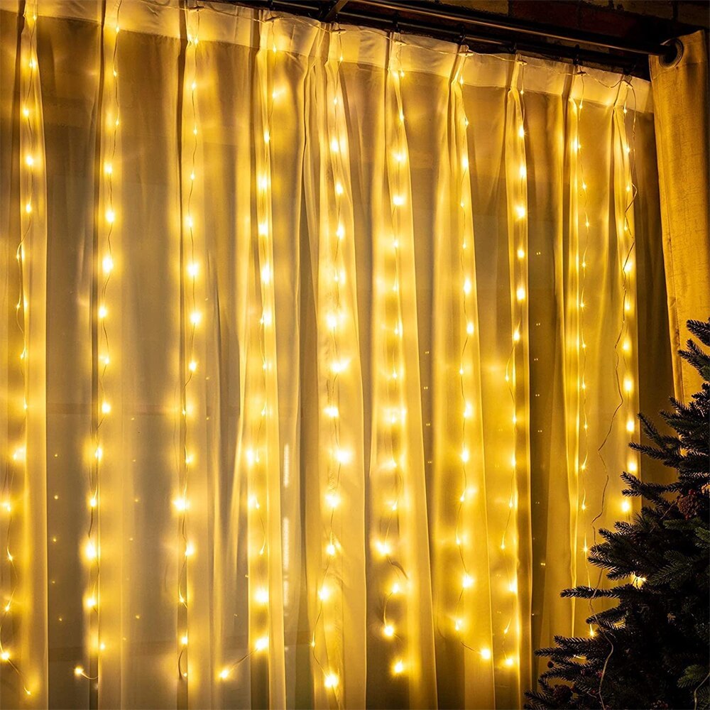 3x1M/3x2M/3x3M LED Copper Wire Icicle Curtain Lights USB Fairy Window String Lights Garland For Xmas Wedding Party Garden: Warm White / 3X3M 300leds / USB Powered