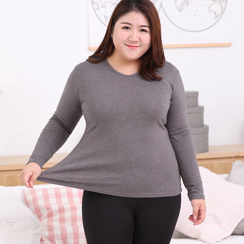Dam termounderkläder toppar tjock pullover o hals långärmad skjorta bomull andas plus size kvinnliga vinterkläder håller värmen: Grå / L