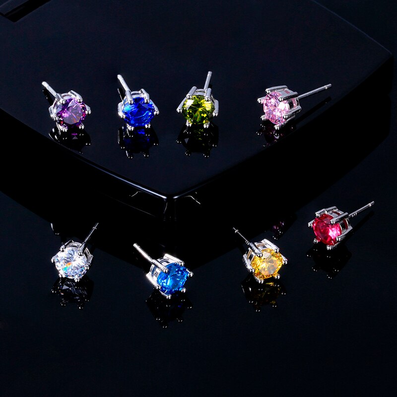 Female Ear Studs 925 Sterling Silver Fine Jewelry Round AAAAA Royal Blue Zircon Wedding Engaging Party