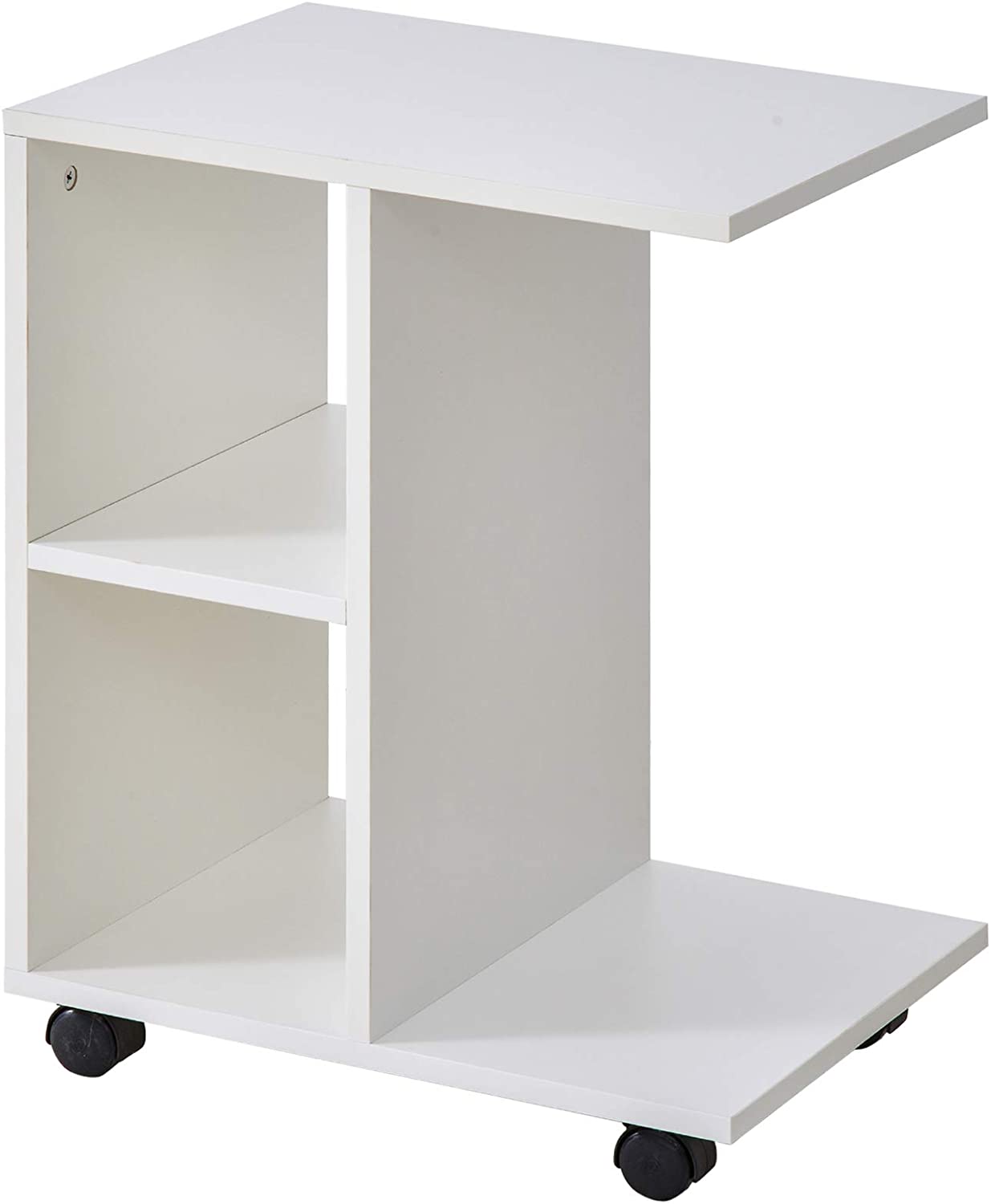 Shape End Table Unique Storage Unit w/ 2 Shelves 4 Wheels Freestanding Home Office Furniture Cabinet Square Studio White