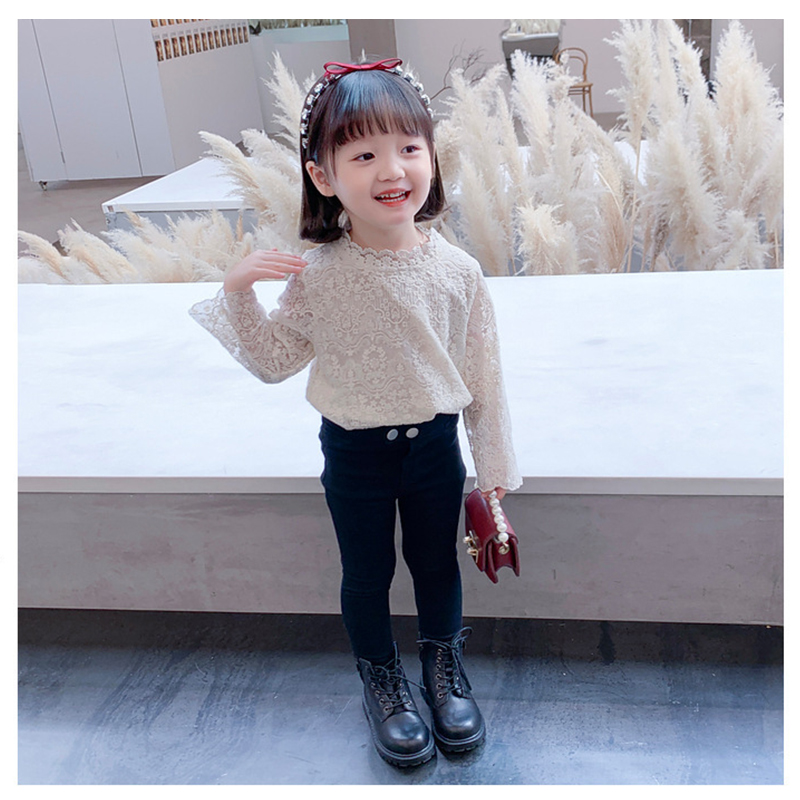 2022 Spring New Korean Girls Cute Slim Lace T-shirt Tops White Children&#39;s Long-sleeved Princess Blouse for Girls Kids Clothes