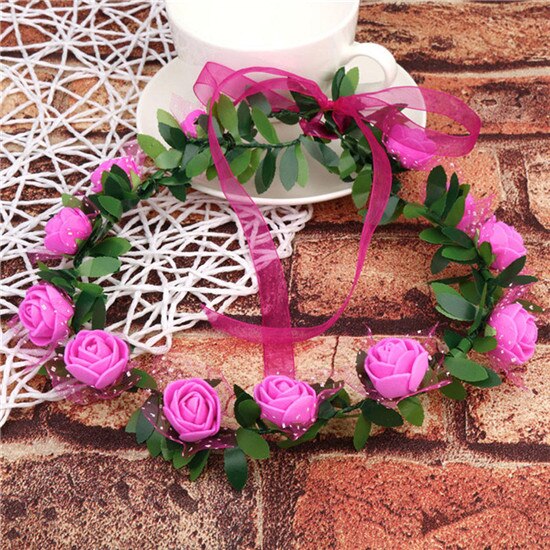Guirnalda de flores artificiales para niños y adultos, tocado de corona, banda para el pelo, diadema, corona de princesa para novia, Decoración de cumpleaños y boda: Rojo rosado
