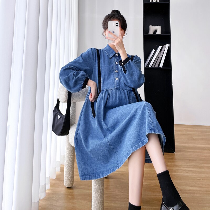 Vestido vaquero premamá de manga larga para mujeres embarazadas, ropa de embarazo de estilo coreano, con cuello vuelto, botón, a la: XXL