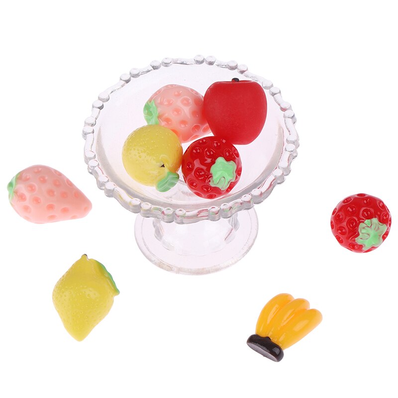 1:6 Dollhouse 9Pcs Transparent Glass Dessert Fruit Tray With Fruit Dollhouse Miniatures Dolls House Furniture Accessories