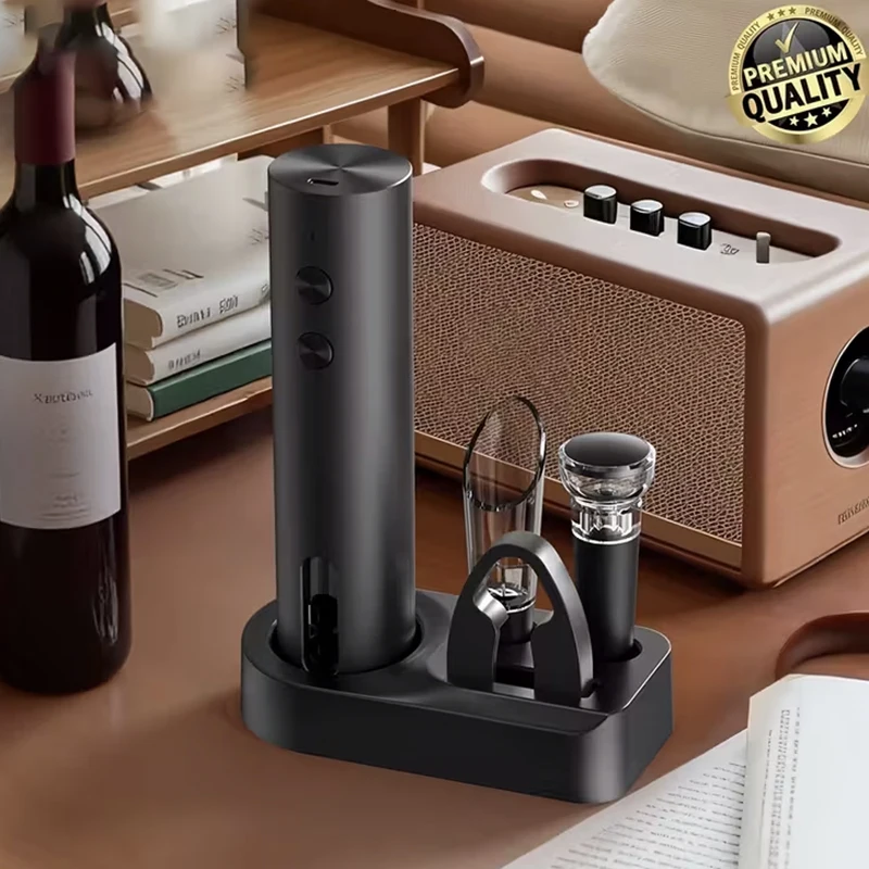 Rechargeable electric wine opener with foil cutter pourer & vacuum stopper compact for home kitchen weddings Christmas