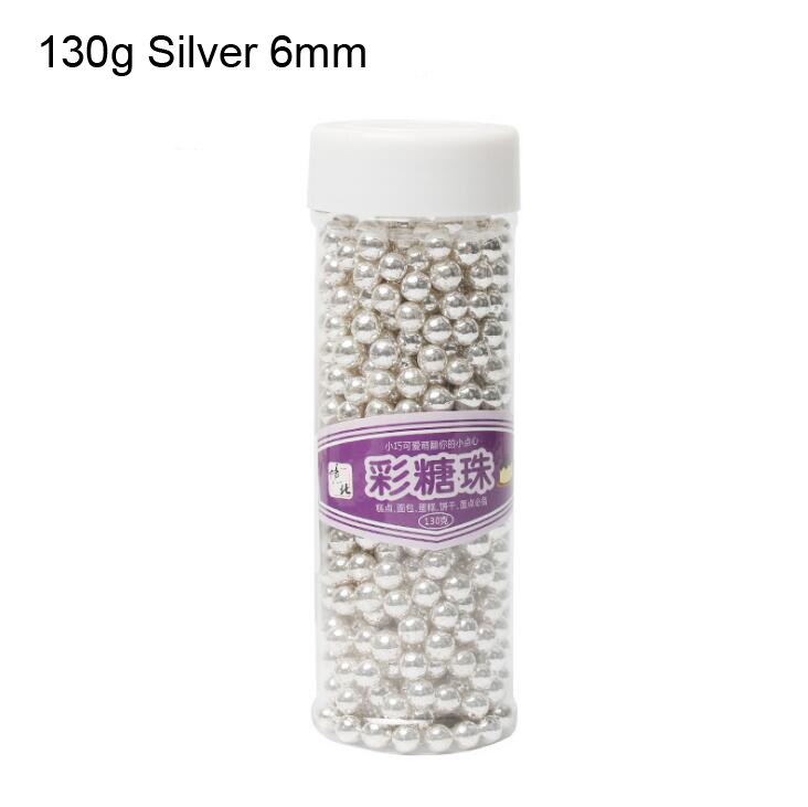 130G/20G Goud Zilver Kralen Eetbare Parel Suiker Bal Fondant Diy Cake Bakken Cookie Decoratie Suiker Snoep klei 4/6/7Mm Gyh: 130 Silver 6mm