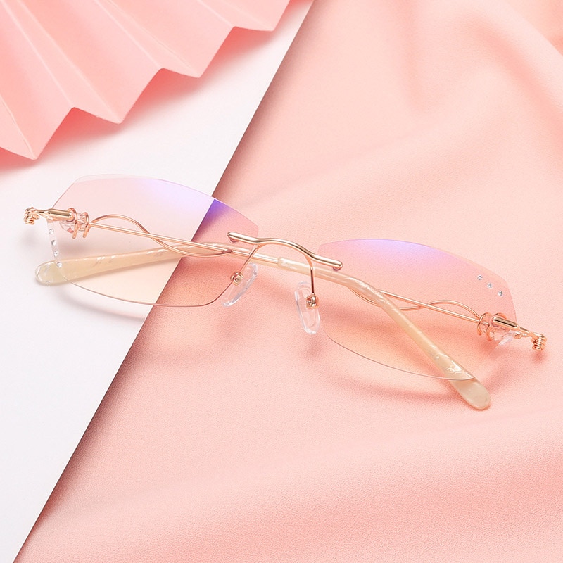 Gafas de lectura de aleación de corte de diamante sin montura para mujer con gradiente Rosa + 1 + 1,5 + 2 + 2,5 + 3 sin montura de Metal con diamantes de imitación Anti azul