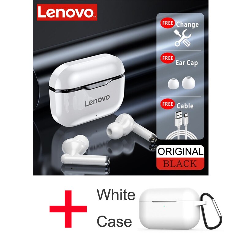 Original Lenovo LP1 TWS auricular inalámbrico Bluetooth 5,0 estéreo doble reducción de ruido bajo Control táctil Larga modo de reposo 300mAH: LP1 Black case white