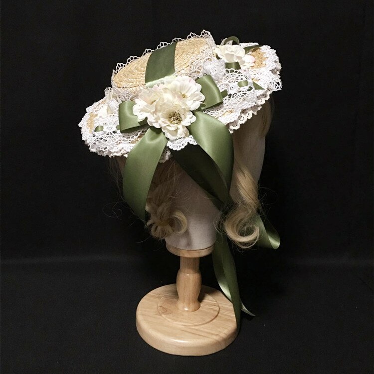 Cappello da donna fatto a mano in stile giapponese Lolita Mini cappello da sole in paglia copricapo nastro in pizzo fiore Cosplay Costume piatto cappello Fedora copricapo: 1