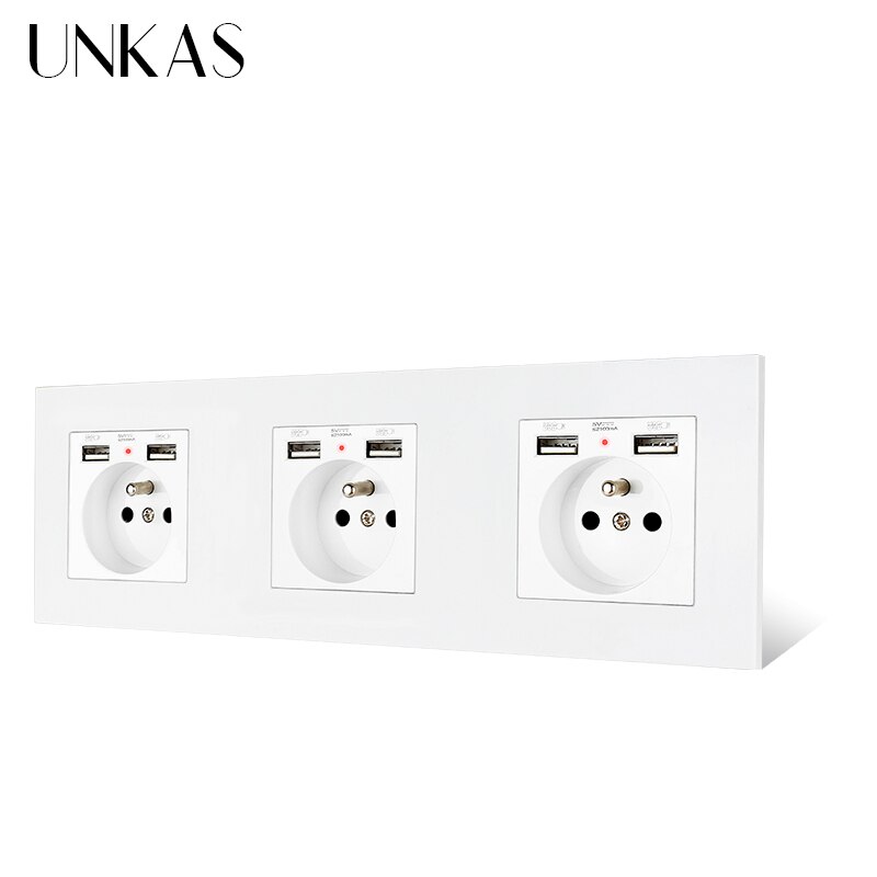 UNKAS 3 Gang French Wall Power Socket Dual USB + HDMI Port USB 3.0 Jack TV RJ11 Telephone RJ45 Internet PC Plastic Panel Outlet