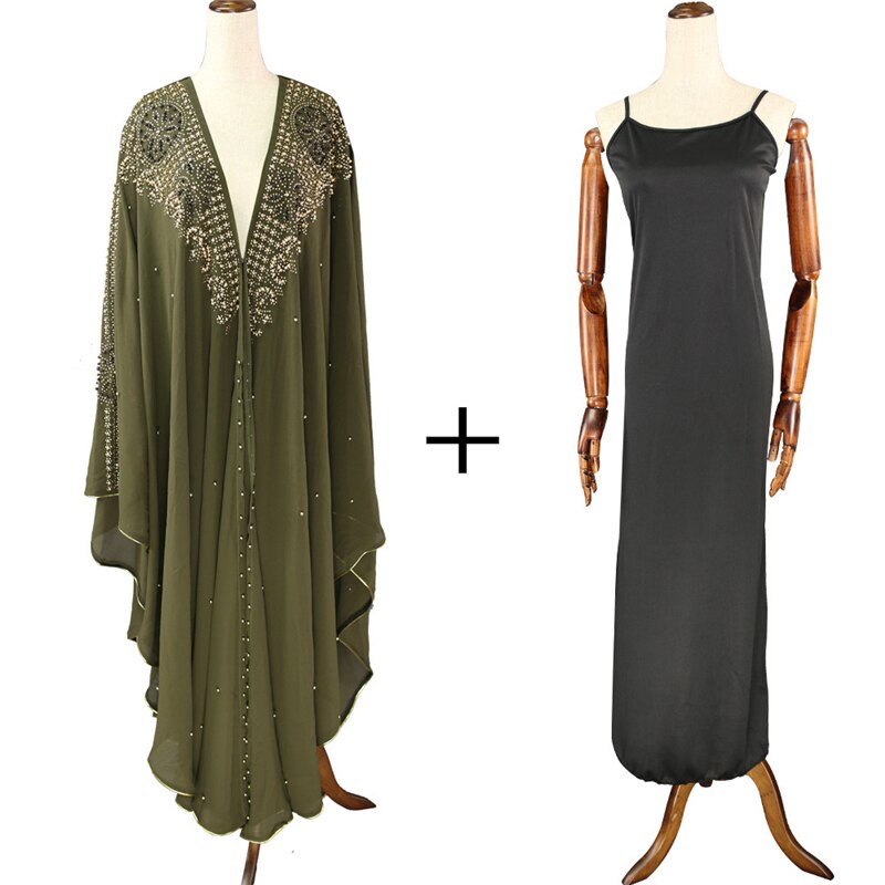 MD Super Size Chiffon Djellaba Dress Beading Embroidery Muslim Kimono Abaya Cardigan Dubai Turkish Kaftan Moroccan Boubou: Green 2