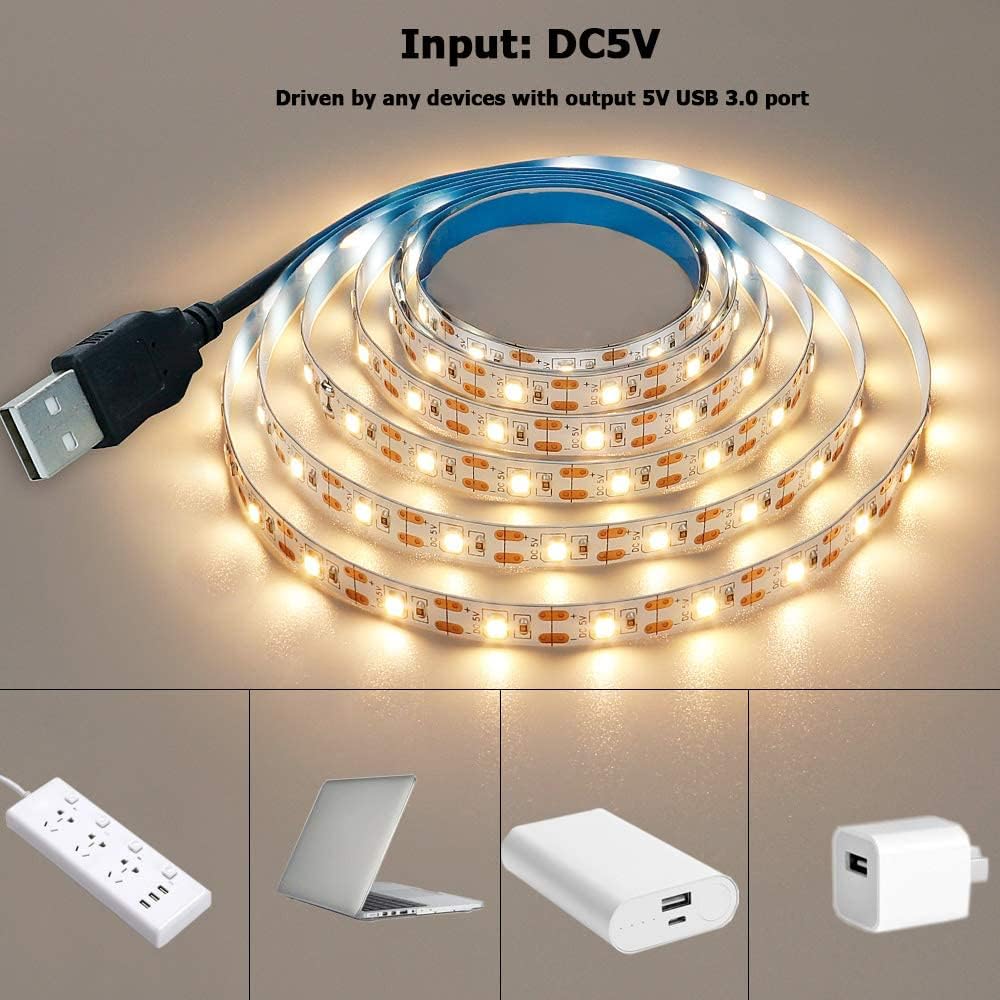 Tiras LED USB de 5V CC 2835, tira de luces LED blancas cálidas, cinta de iluminación de fondo de TV, lámpara de decoración para el hogar, cadena de luces LED de 1 a 5m