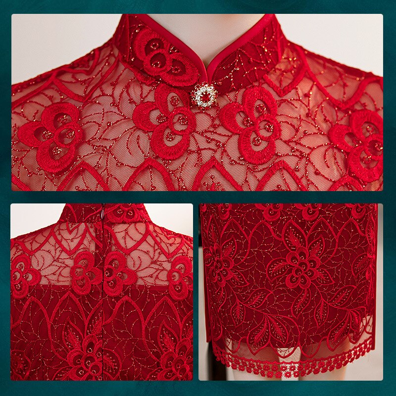 Qipao rojo para mujer, vestido chino clásico con bordado de flores, Sexy, Cheongsam de encaje, vestido largo calado de verano