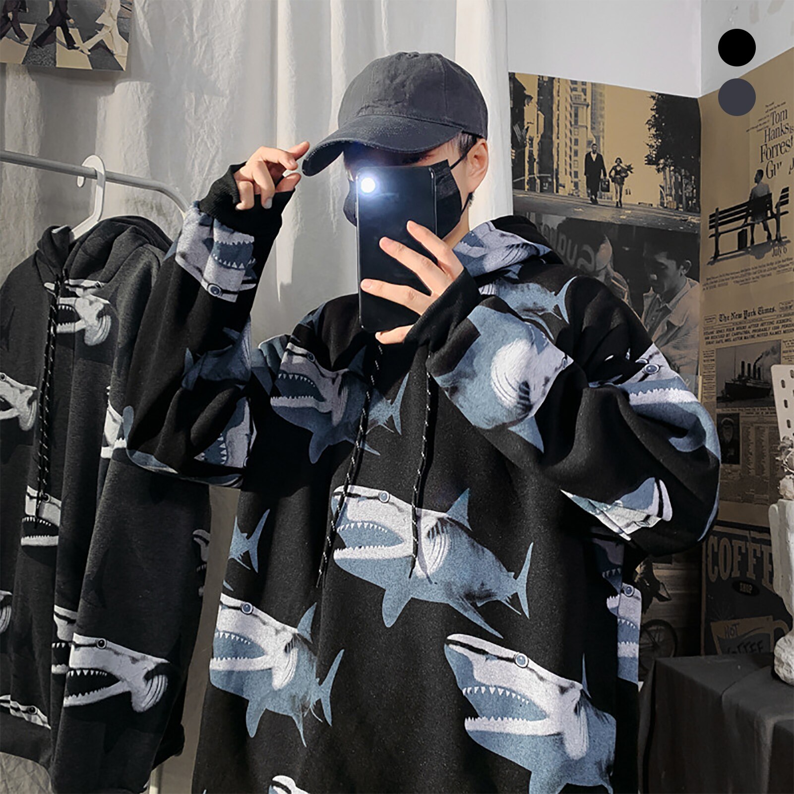 Hooded plus velvet printed Shark Hoodies Pullover men's spring autumn hip hop Streetwear Male's sweatshirt loose top coat