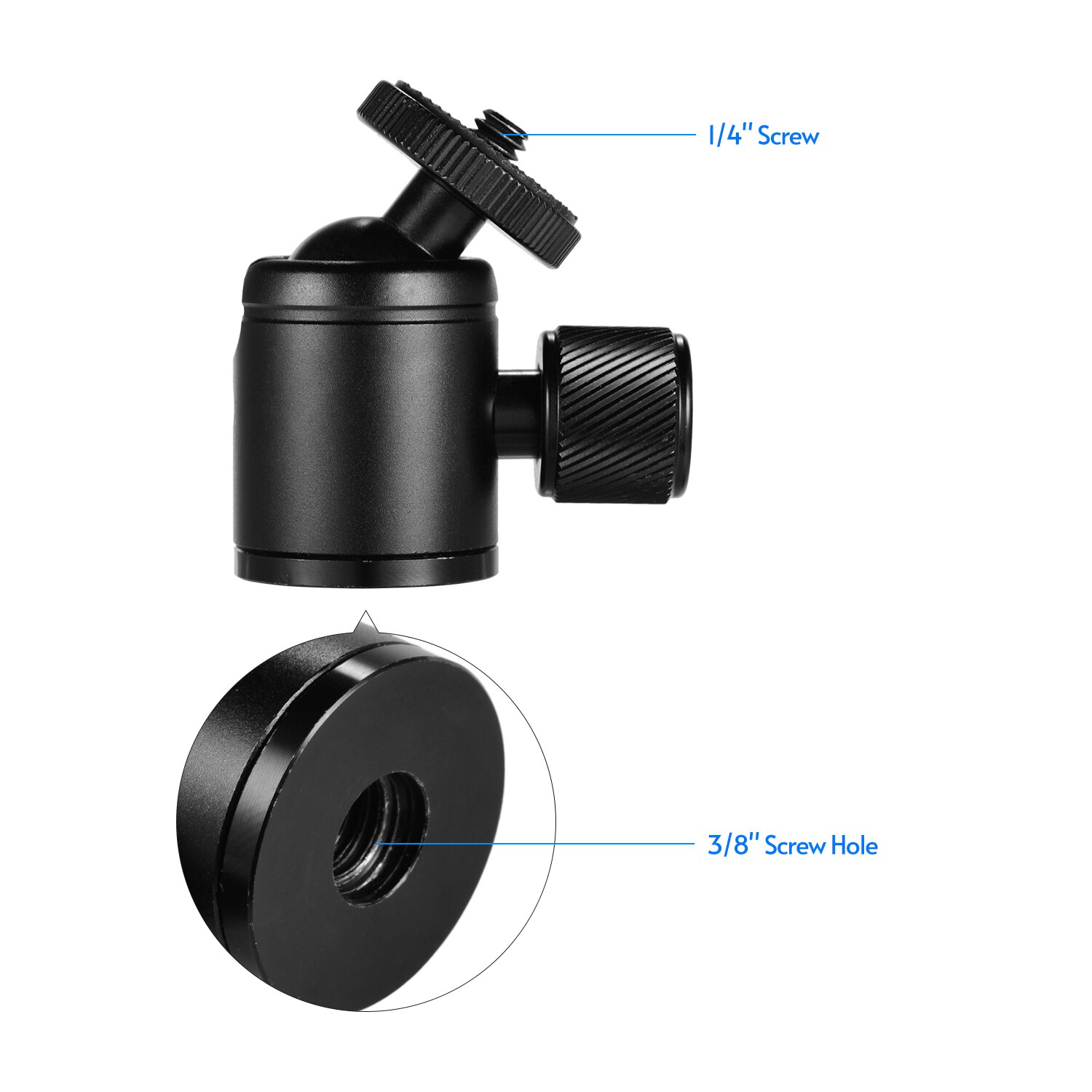 Mini Metal Tripod Head Adapter Ball Head Aluminum Alloy with 1/4 Inch Screw for Mobile Phone Camera LED Light Tripod Black