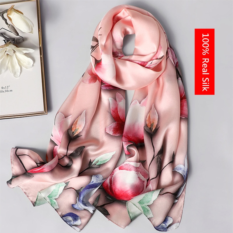 Silketørklæde kvinder blomster og fugle mønster sjaler wrap dame lang blød pashmina foulard femme vinter tørklæde