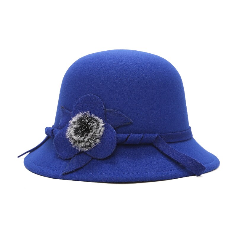 Vrouwen Meisjes Vintage Wolvilt Koepel Fedora Hoeden Dames Mode Effen Kleur Strik Bloem Emmer Hoed Voor Vrouw Winter Cap: Sapphire