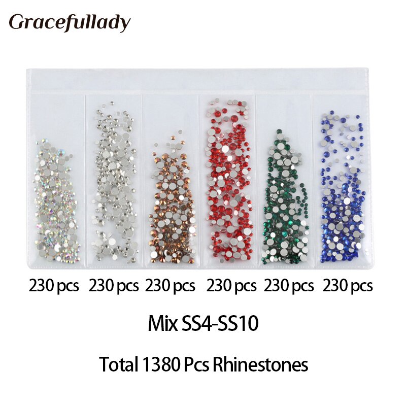 1380pcs Partitie Gemengde Size Glass Nail Strass 6 kleur Kristal Mix Maten Steentjes Voor Nagels Decoraties Strass