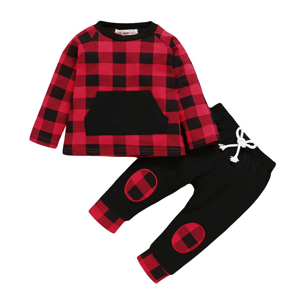 Bébé vêtements bébé vêtements ensemble enfant en bas âge bébé garçons filles à manches longues Plaid imprimer hauts + pantalons tenues vêtements pour filles Roupas: Red / 2-3 Y