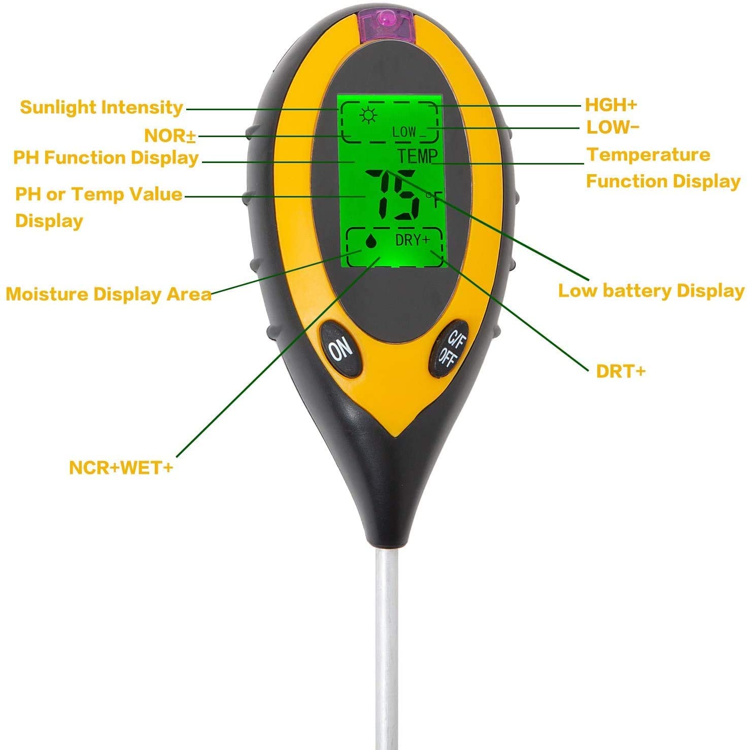 Testeur de sol 4 en 1, ph-mètre numérique, outil de mesure de la lumière du soleil, de l'humidité et de la température, pour jardin, ferme et pelouse