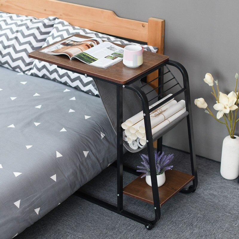 Movable bedside laptop desk household carbon steel skeleton high lifting bed with small side table storage rack
