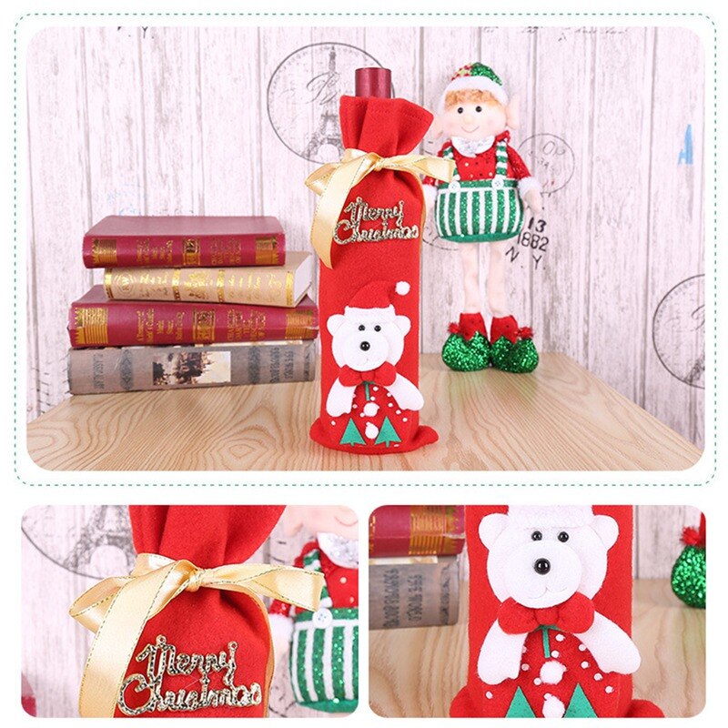 Décoration de table pour fête de noël, père noël, bonhomme de neige, housses de bouteille de champagne, housses de bouteille de vin rouge, sac
