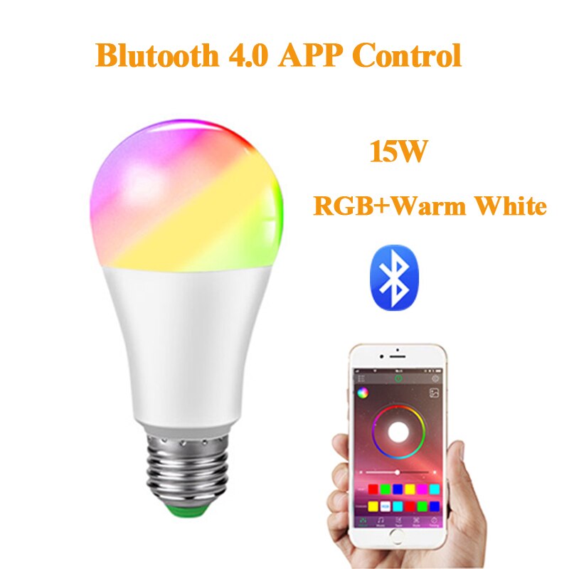 Wifi pære smart lys bluetooth app kontrol  e27 led lampe rgb rgbw rgbww magisk pære 5w 10w 15w spotlight boligindretning 85-265v: 15w rgbww bluetooth