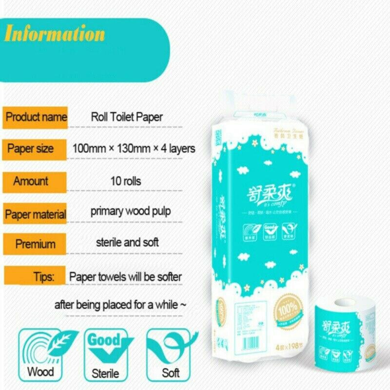10 Rolls 4 Layer Core Roll Paper Soft Comfortable Bathroom Toilet Towel Home Use