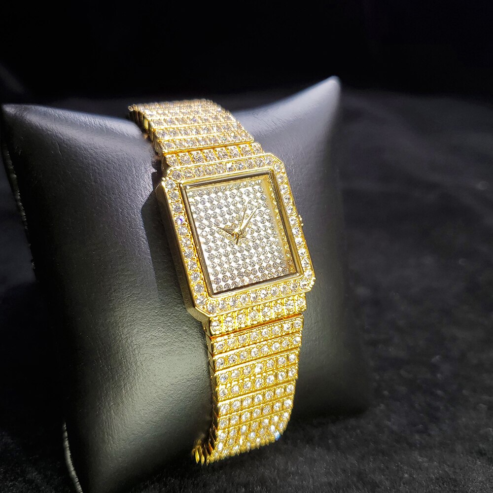 MISSFOX – montre de bureau en or 18k pour femmes, montre-bracelet à Quartz en acier inoxydable, cadran carré glacé