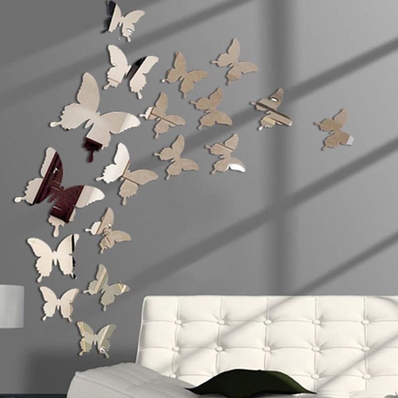 Espejo de mariposa 3D para decoración de la habitación de los niños, pegatina de pared, arte extraíble, decoración de boda, cristal, 12 unids/lote