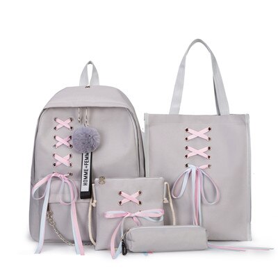 4 teile/satz Band Kette Bowknot Brief Mochila Leinwand Rucksack Reise Rucksäcke Freizeit Rucksäcke Für Teenager Mädchen Schule Bagpack: 4pcs grey set