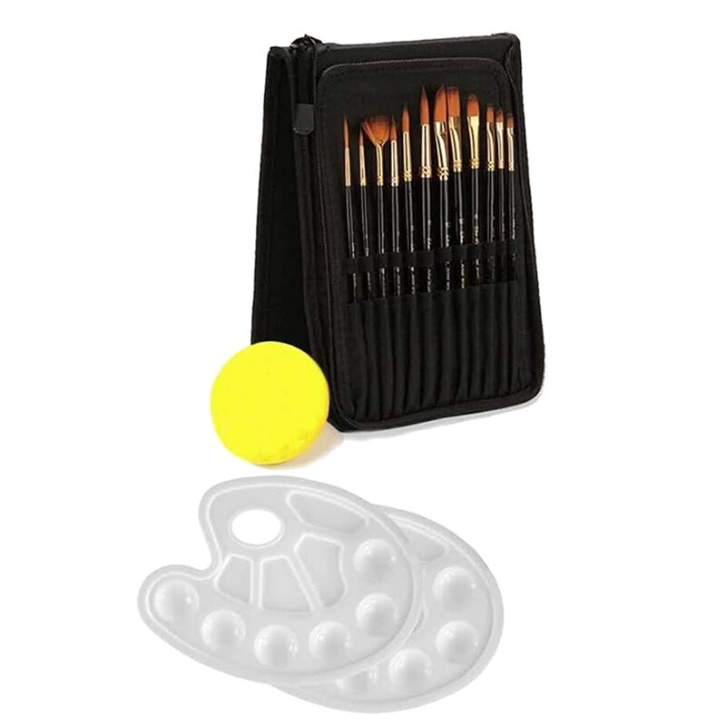 15Pcs Paint Brush Set with 12 Brushes Sponge and Palette for Watercolor Oil Acrylic Painting: Default Title
