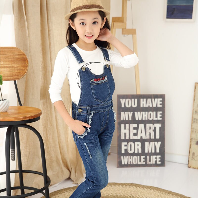 Kids Denim Overalls Jumpsuit Voor Meisjes Gat Gescheurde Jeans Broek Kinderen Denim Bib Jumpsuit Tiener Jeans Broek Jarretel