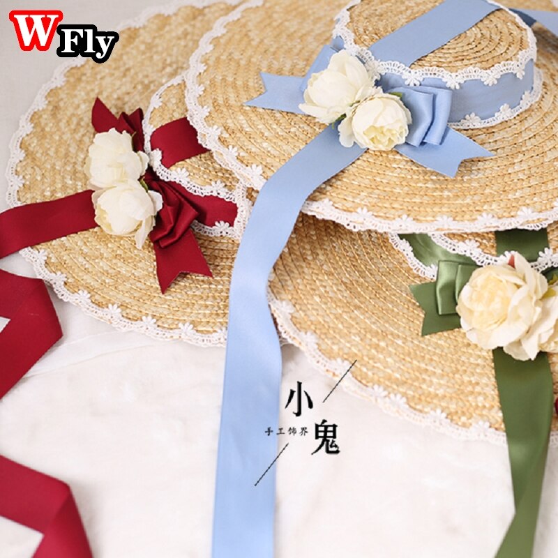 Chapeau de soleil en paille pour femmes et filles, japonais, Lolita, fait à la main, ruban de fleurs en dentelle, nœud papillon à large bord, chapeaux de paille élégants