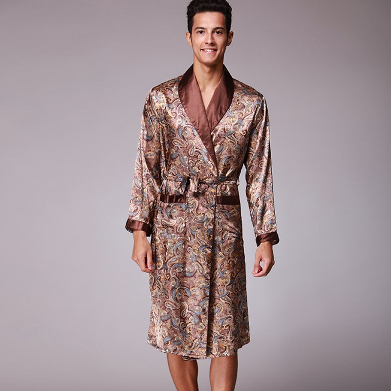 Sommer mænd luksus paisley mønster badekåbe kimono klæder faux silke mandlige nattøj nattøj mandlige satin badekåbe