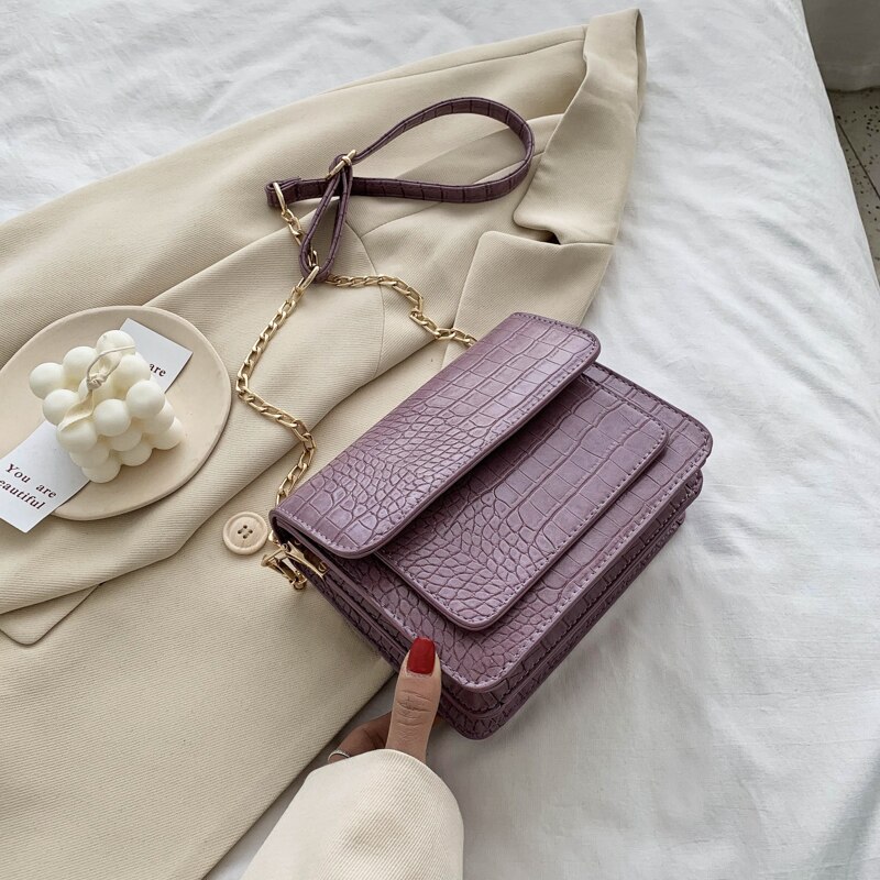 Small Crocodile Pattern PU Leather Flap Bags For Women Simple Shoulder Crossbody Handbags Chain Cross Body Bag: Purple