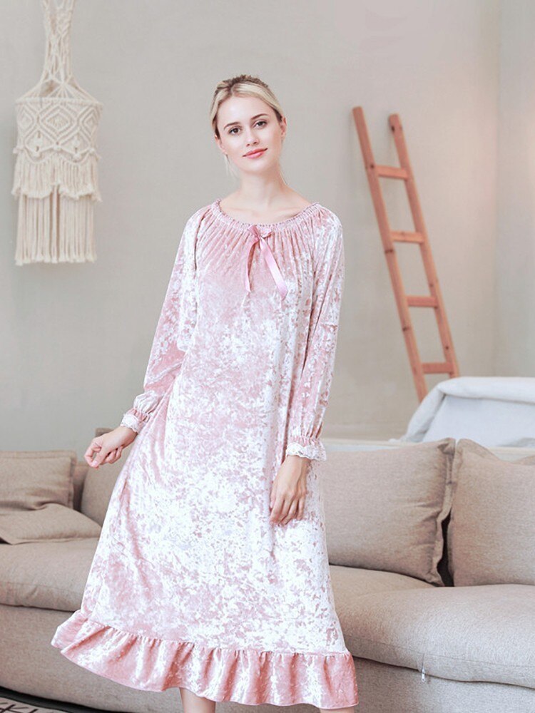 Winter Lange Mouwen Sleepdress Prinses Vrouwen Nachtjapon Enkele Fluwelen Lente Nachthemd Vierkante Strakke Kraag Nachtjapon Vrouwelijke