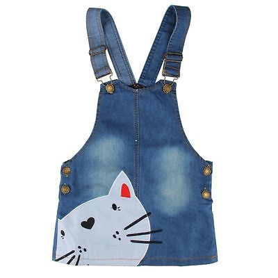 Barn bebis flicka sommar jeansrem overall klänning jumpsuit soldräkt kort kjol kostym katttryck ärmlösa prinsesskläder sundress