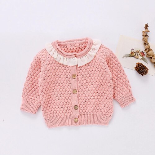 Cathery Baby Meisje Trui Jas Classic Lace Ronde Hals Ruches Single-Breasted Geribbelde Sluiten Lente Zoete Kleding Uitloper: A / 6m