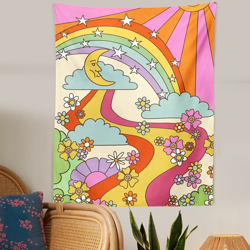 Tenture murale rétro arc-en-ciel 70s 60s, tapisserie Vintage psychédélique, trébuchant soleil lune INS Trippy, décoration murale Hippie
