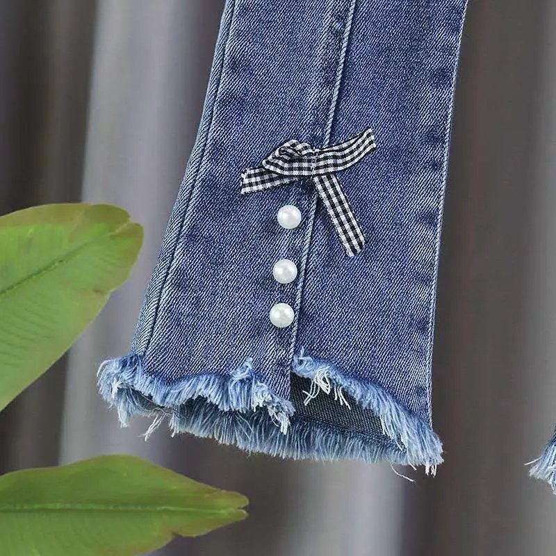 Meisjes Leuke Boog Blauw Jeans Lente Herfst Kinderen Bovenkleding Broek 2022 Denim Flared Broek Zachte Comfortabele Kinderen Broek