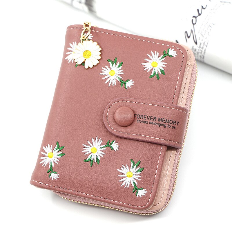 Flower Embroidery Women's Leather Wallet With Coin Pocket Short Purse For Female Ladies Clutch Bag Credit Card Holder: Pink